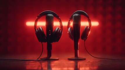 Two professional microphones stand ready with circumaural headphones suspended upon them against a vibrant red illuminated background