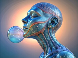 Abstract Futuristic Humanoid Head Blowing a Translucent Bubble