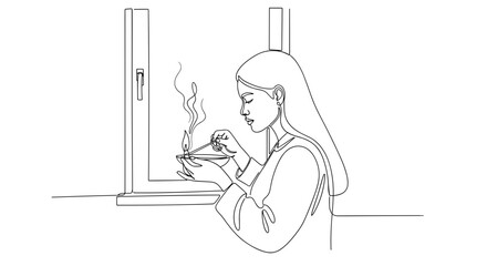 Woman lighting incense near window in line art symbolizing peace and ritual
