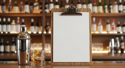 Cocktail shaker stands next to a clipboard on a bar counter with bottles in the background, creating a sophisticated and inviting atmosphere.