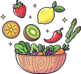 Flat vector illustration of a healthy food concept, fruit and vegetables floating from a bowl.