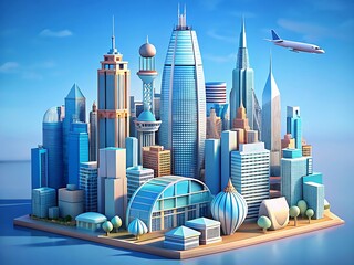 Futuristic Cityscape with Modern Architecture and Flying Airplane Under Blue Sky