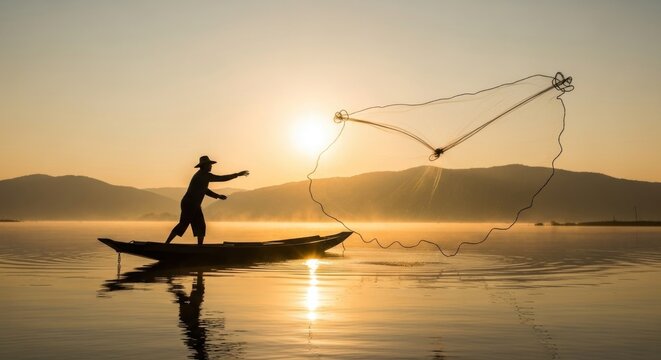 A silhouette of a fisherman casting a net from a boat on a calm lake at sunrise