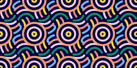 Vibrant abstract seamless pattern with colorful concentric circles and wavy lines on dark background