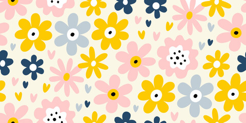 Charming retro floral pattern with pink yellow blue flowers and hearts on cream background