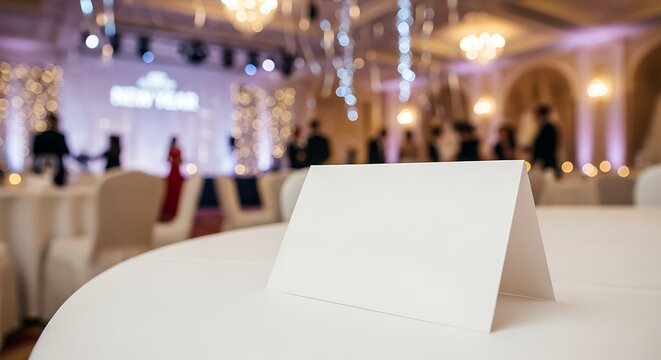 Blank name card sits on elegant table at formal event with blurred people in background, creating a sense of anticipation and sophistication.