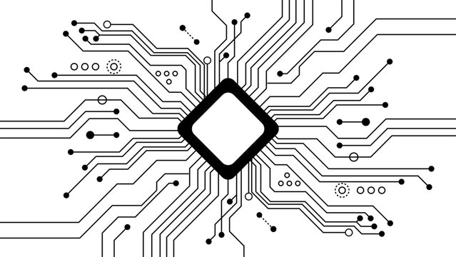 A black and white graphic illustration of a computer microprocessor chip with intricate circuit board pathways.