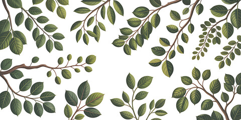 Elegant Botanical Border of Green Leafy Branches, Isolated on Transparent background