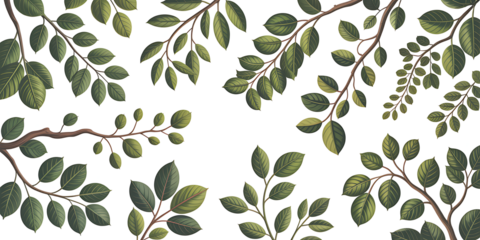 Elegant Botanical Border of Green Leafy Branches, Isolated on Transparent background
