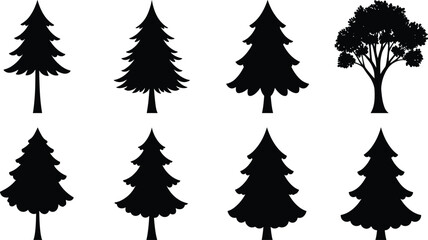 Black silhouette collection of pine and deciduous trees, vector forest illustration, evergreen tree shapes for nature and design use