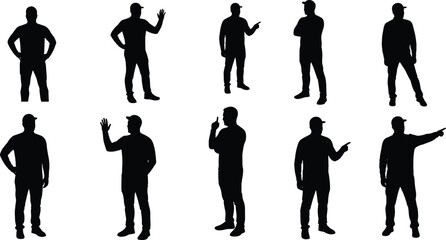Silhouette man wearing cap standing in various poses, pointing, waving, thinking, confident gesture collection, casual communication body language illustration
