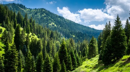Obraz premium Dense evergreen forest covers the steep slopes of a mountain under a bright blue sky.