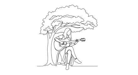 Obraz premium Woman playing guitar under tree in line art style, symbolizing harmony and self-expression