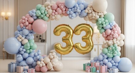 Birthday scene 33 gold balloon numerals under colorful balloon arch, with gifts