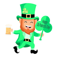 St. Patrick's Day leprechaun celebrating with a beer and a clover slogan,