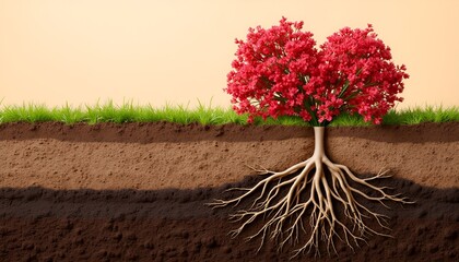 Obraz premium Vibrant red tree with deep roots in layered soil and grass background - 