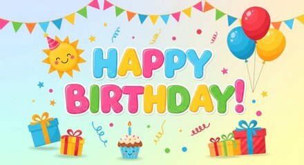 Festive, colorful birthday graphic with sun, balloons, gifts, cupcake, and confetti