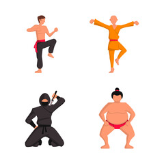 Martial arts and traditional Japanese warrior figures depicted in a flat design illustration