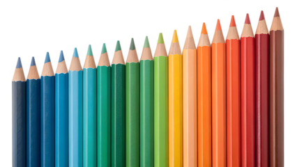 Set of colored pencils arranged in a gradient, isolated on transparent background.