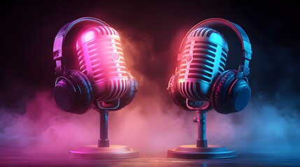 Two vintage style microphones paired with over ear headphones sit illuminated by contrasting neon lights and smoke