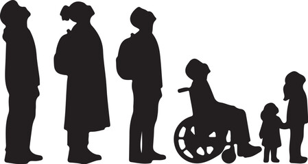 Diverse Group Of People Silhouettes Including Wheelchair User And Children Looking Up On White Background on transparent background