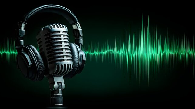 Vintage style microphone paired with modern headphones against a backdrop of brilliant green sound waves