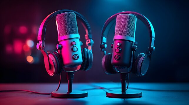 Two modern broadcast microphones are illuminated by vibrant neon lighting in a  setting