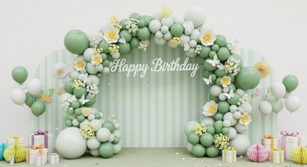 Archway of balloons, flowers, and butterflies celebrates a birthday