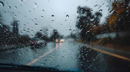 Vehicle windshield displays numerous water droplets during driving on a wet roadway.