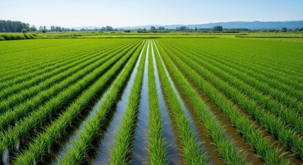 Lush green rows of young plants growing in water-filled fields under a clear sky