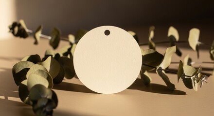 Round tag sits upon eucalyptus leaves; warm light casting soft shadows