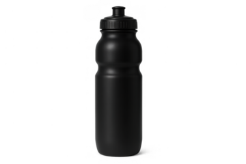 Black plastic sports water bottle for hydration and fitness, reusable drink container with a transparent background