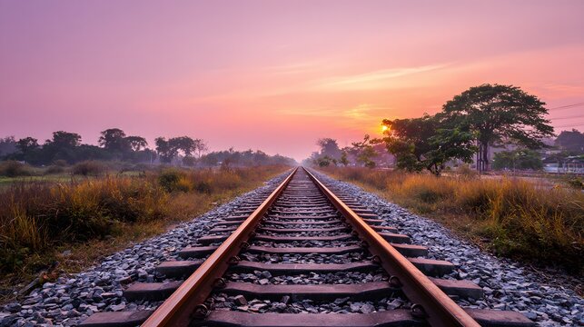 Railroad tracks stretch toward a vibrant sunset over a rural landscape.