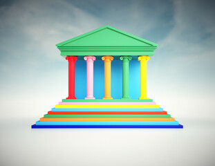 Colorful building with columns and steps against a cloudy sky, showcasing vibrant architecture and design