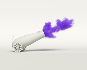 Creative purple cannon with smoke effect showcases unique design in modern art setting