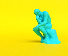 Unique blue statue of a thoughtful figure set against a vivid yellow background creates a striking visual contrast