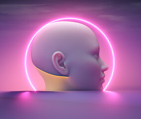 Digital art of a surreal head with a glowing halo against a dreamy landscape