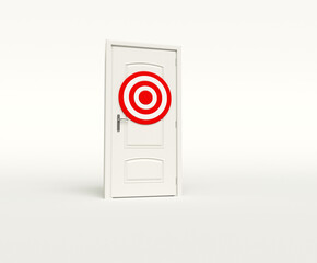 Target symbol on a white door in a minimalist indoor setting