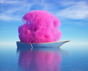 Vibrant pink smoke billows from a small boat on calm waters under a blue sky