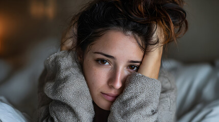 Close up portrait of a beautiful young woman with dark hair and eyes looking thoughtful and sad
