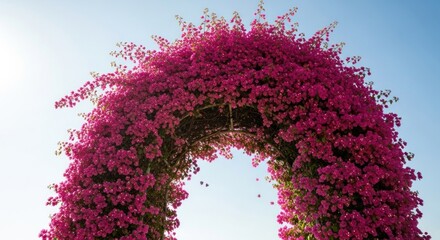 A vibrant floral archway bursts with lush pink blooms against a clear blue sky