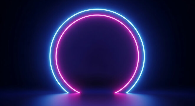 3D render of glowing blue and pink neon round frame, circle ring shape with empty space, ultraviolet light 80s retro style, abstract futuristic fashion show stage background.