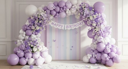 Pastel arch of balloons and flowers with "Happy Birthday" banner