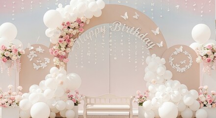 Delicate pastel birthday backdrop with balloons, flowers, and butterflies