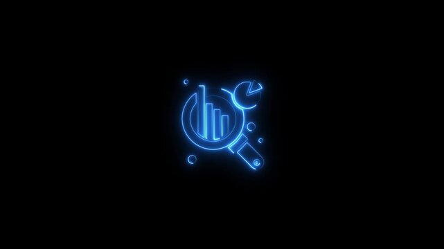 Blue Neon Magnifying Glass Over Bar Chart Icon analytics animation video on blck background 