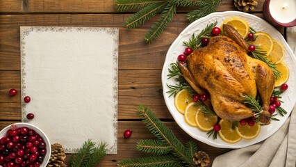 Golden roasted Thanksgiving turkey garnished with herbs, cranberries, and lemon slices, festive holiday feast centerpiece on rustic wooden table background with copy space