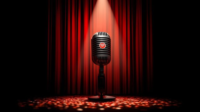 Vintage broadcast device stands center stage beneath a dramatic spotlight and rich drapery