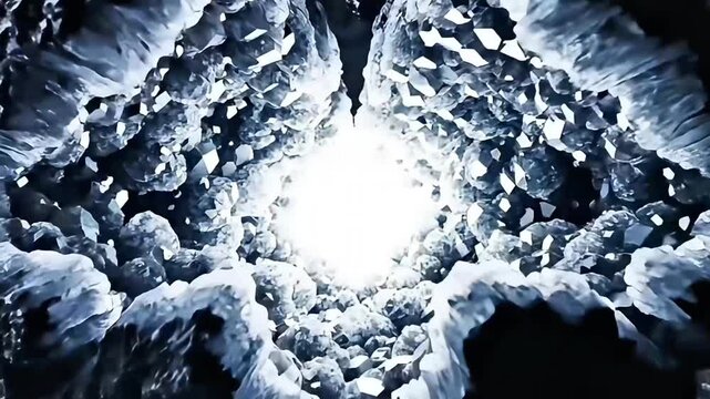Seamless loop 3D animation of flying through a crystal cave, after a geode rock cracks open with electrical energy. Concept of discovery and hidden potential
