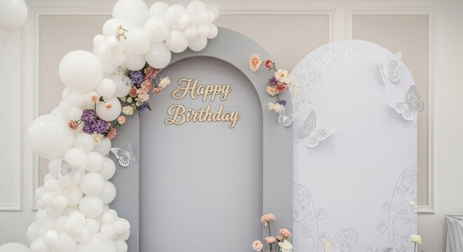 Birthday backdrop w/grey arches, white balloons, flowers, butterflies, cursive text