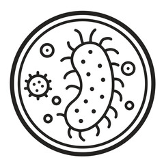 A simple line art icon depicting bacteria and other microorganisms within a circular petri dish, representing scientific research and biology.